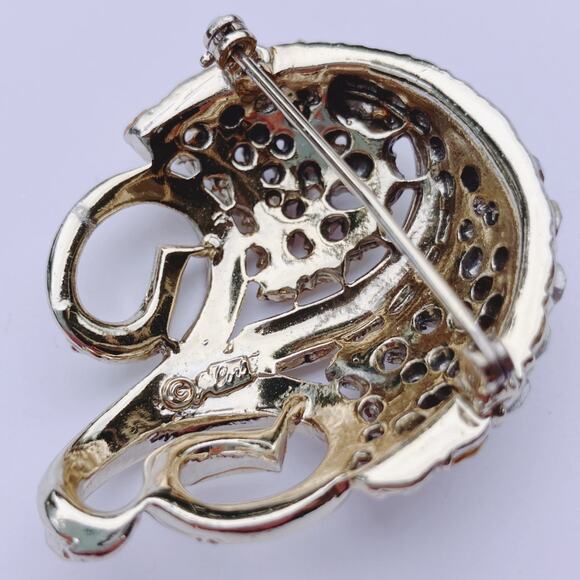 Vintage Signed Coro Brooch Mid Century AB Rhinestone Swirl Gold Tone 1950s - Picture 7 of 10